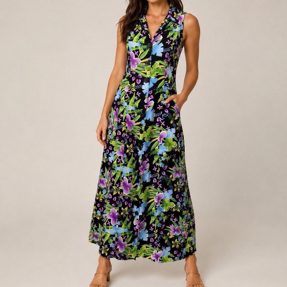 Notations Tropical Floral Rayon Halter Maxi Dress‎ Y2K Resort Tiki Size 6